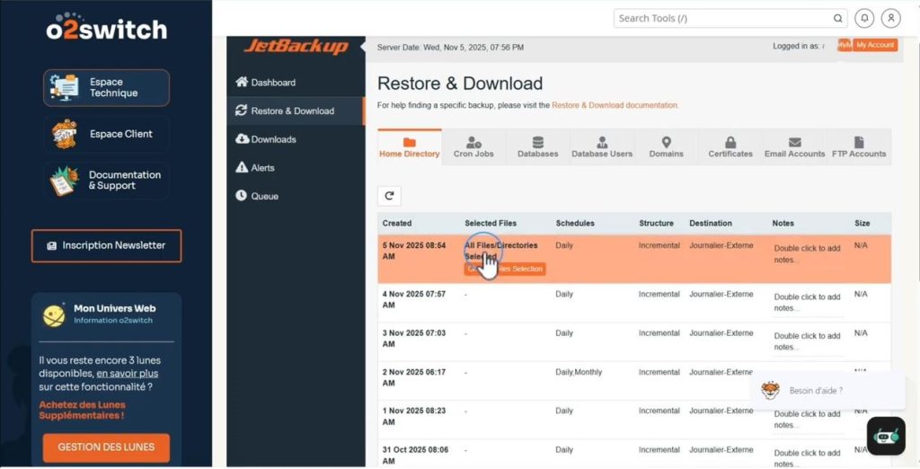 Etape sauvegarde automatique WordPress O2switch avec JetBackUp