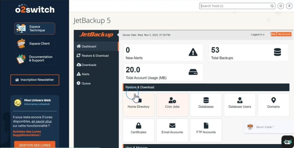sauvegarde automatique WordPress O2switch avec JetBackUp
