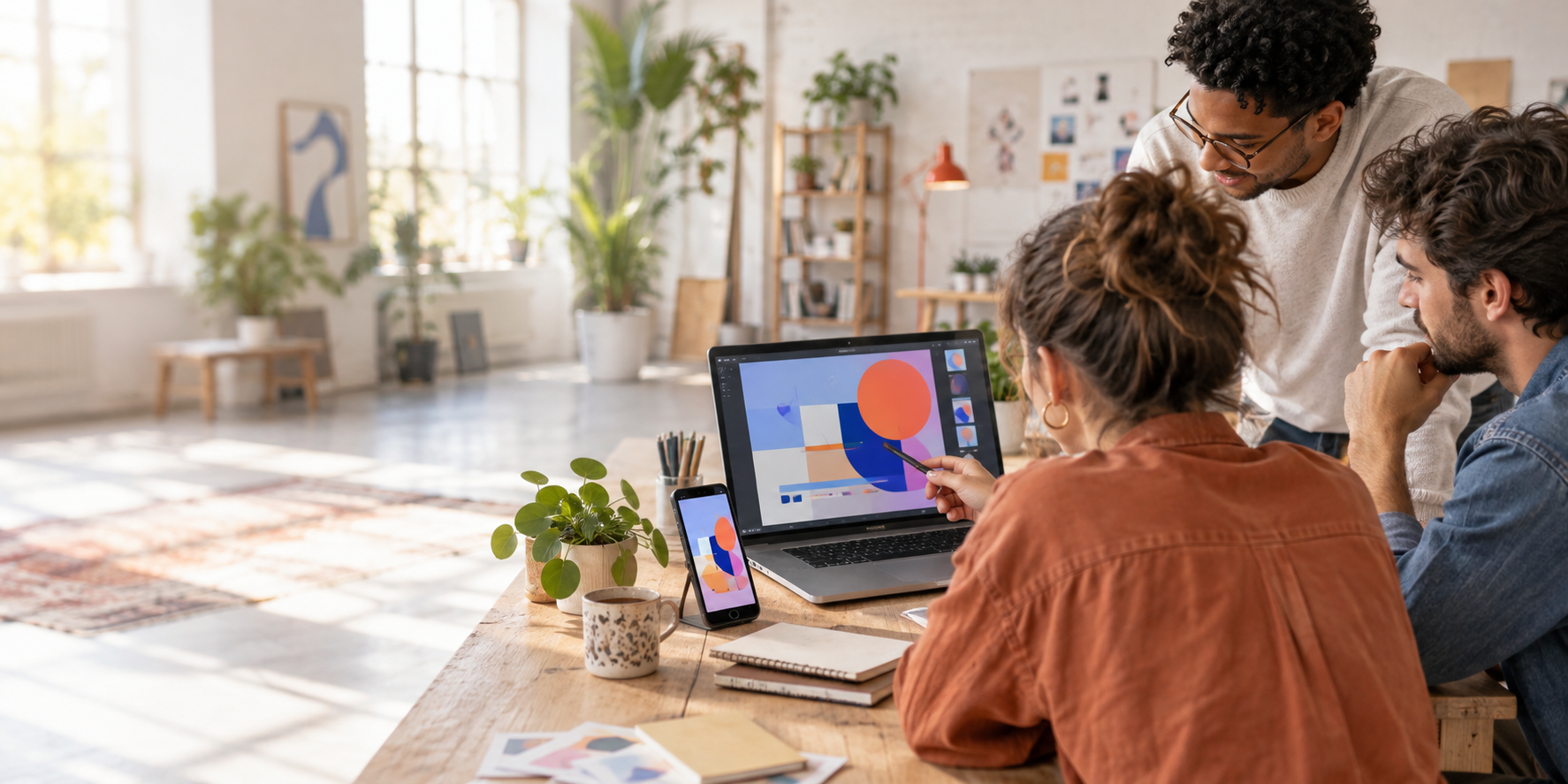 Équipe créative travaillant sur une animation graphique destinée aux réseaux sociaux dans un studio lumineux.