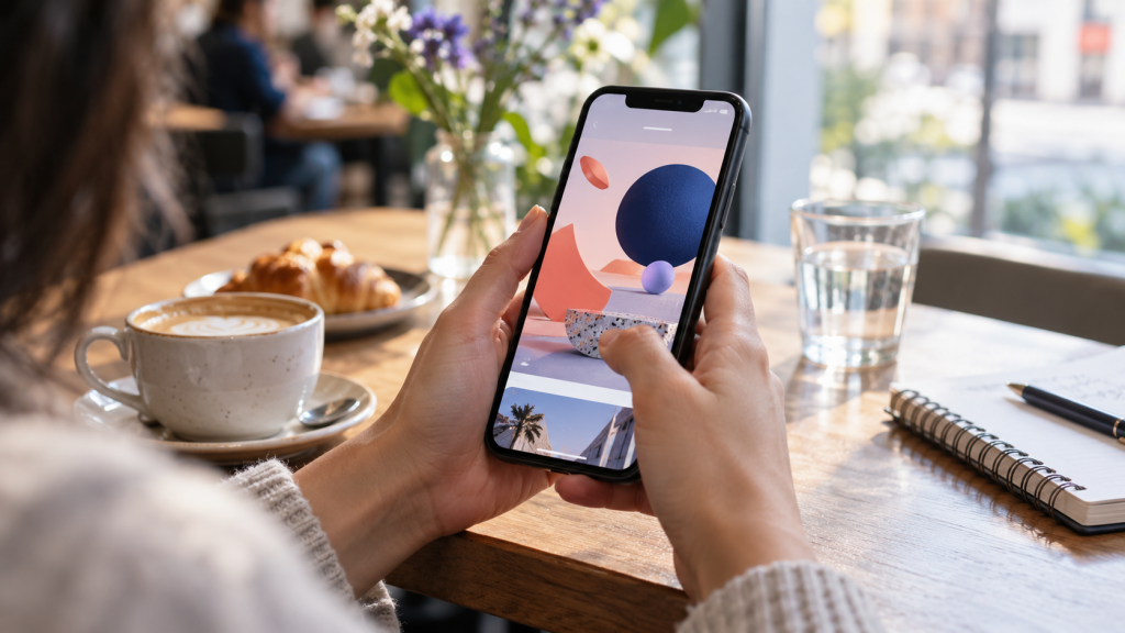 Personne consultant sur son smartphone une publication animée aux formes graphiques colorées dans un café lumineux.
